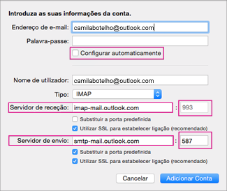 Anule a seleção da opção Configurar automaticamente e introduza as informações da conta.