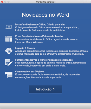 Ecrã Novidades ao abrir uma aplicação do Office pela primeira vez após a instalação
